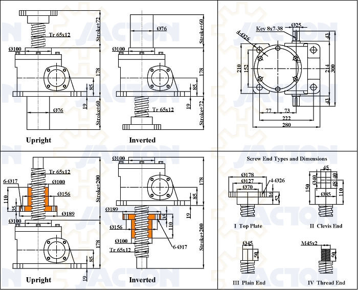 200 kN Capacity Screw Jack Worm Gearbox screw jack 200kn,ACME lead screw,worm gearbox 200000n