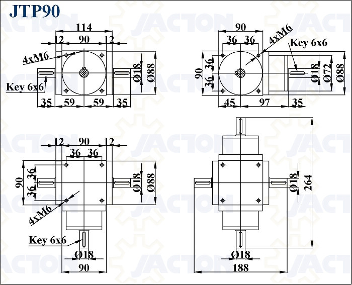 Jth210 90 Degree Hollow Shaft Four Way Gearboxes 1: 1 Ratio 90